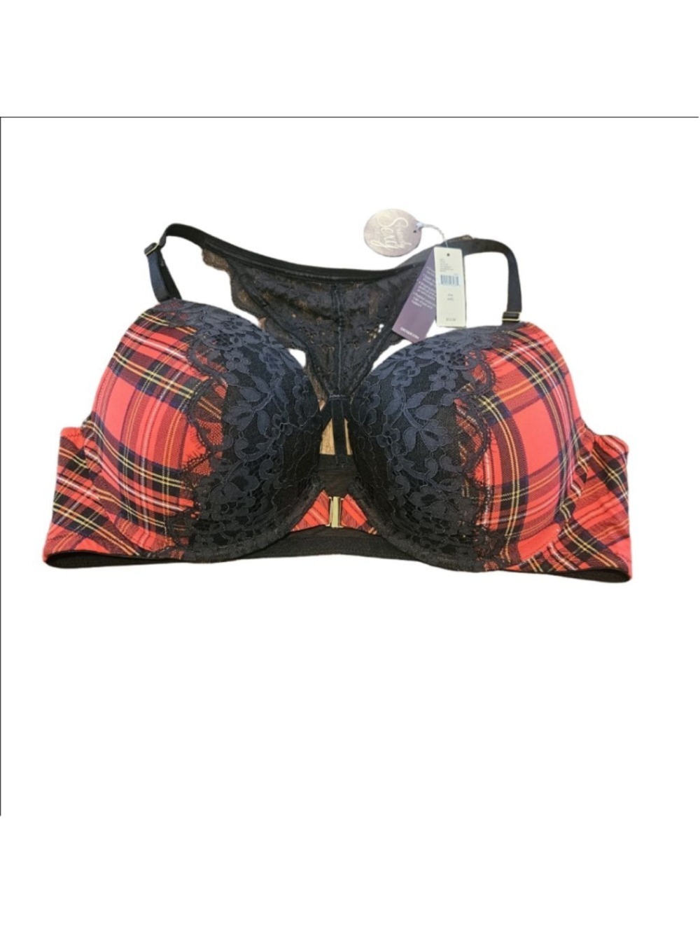 Women's CACIQUE NWT44C Red Plaid & Black Lace Boost Plunge Bra